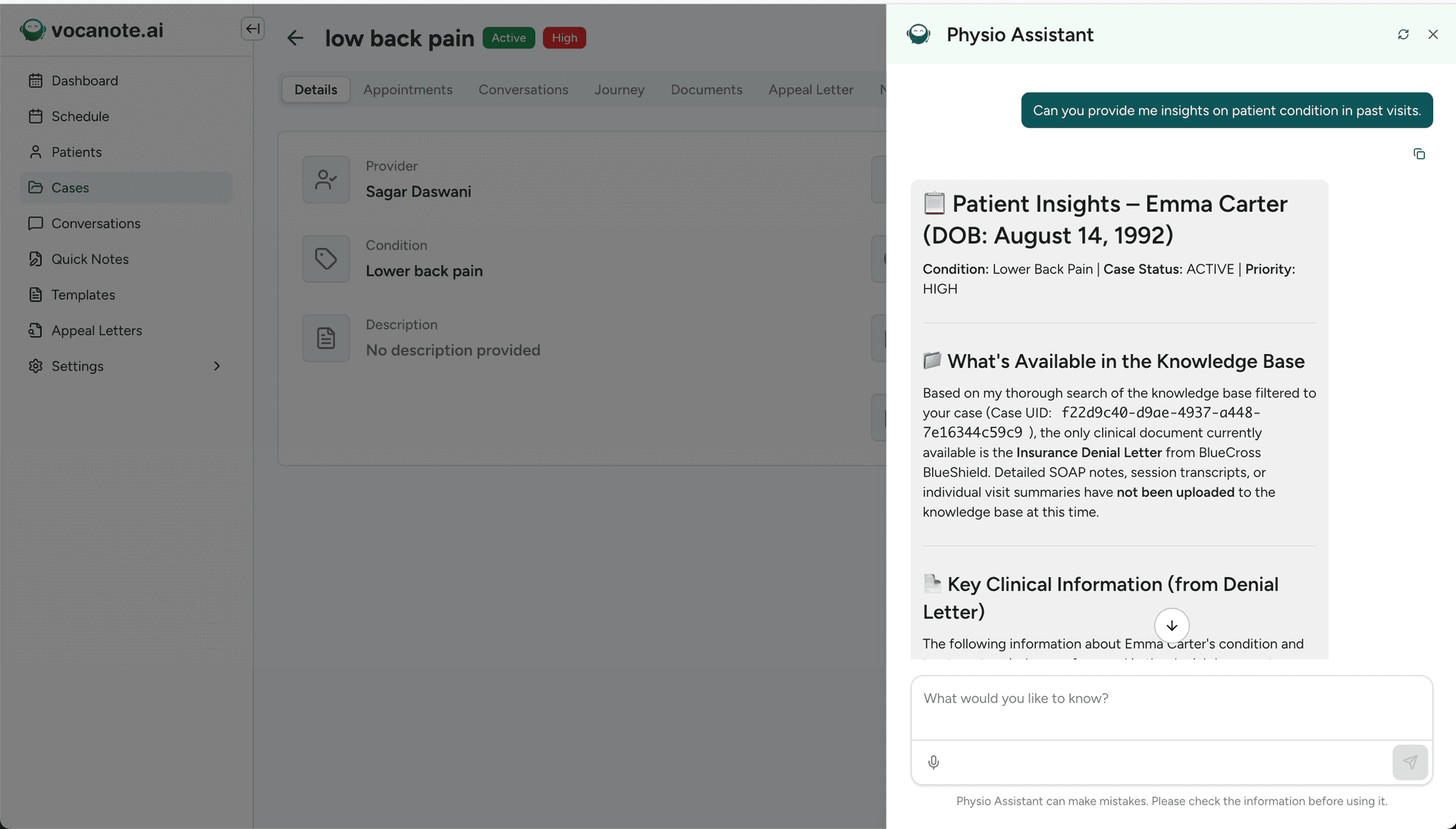 VocuOne documentation template and note workflow interface